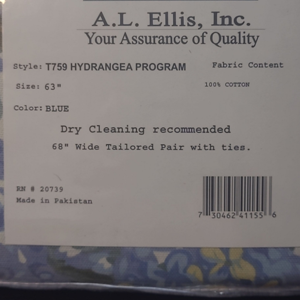 New - A. L. Ellis Hydrangea Tailored Pair Blue Floral Curtains Style# T759 - Picture 4 of 4